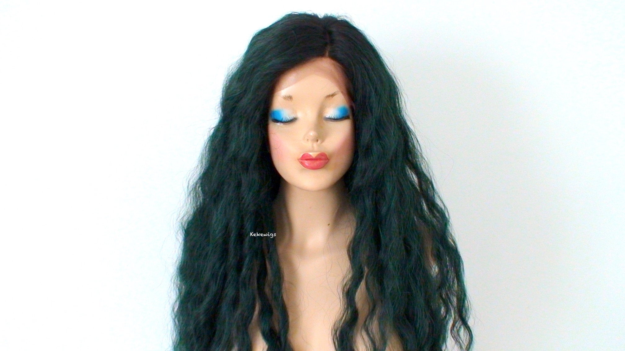 30" Lace front Deep Forest Green Dark Roots Beach Wave Hairstyle Wig