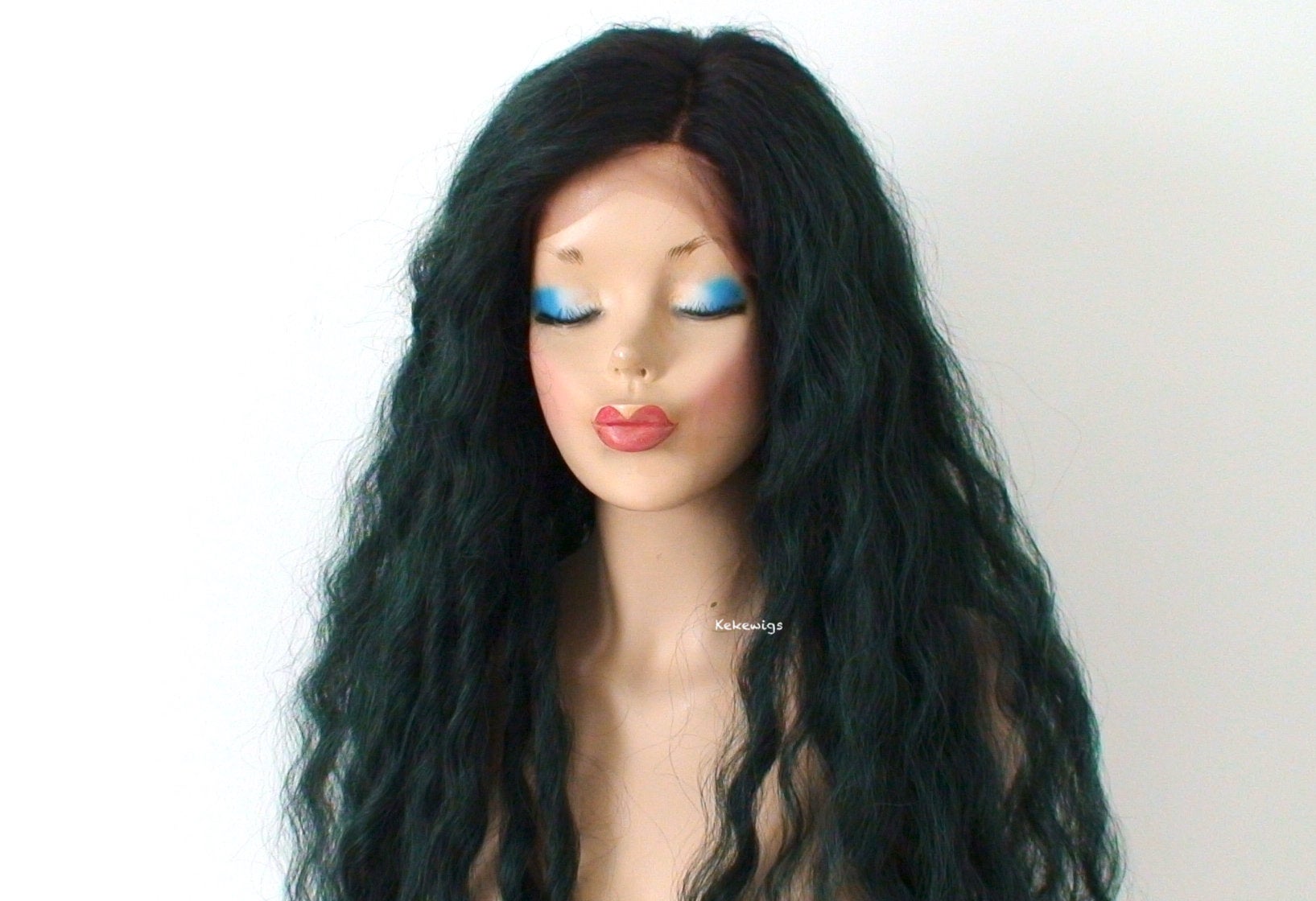 30" Lace front Deep Forest Green Dark Roots Beach Wave Hairstyle Wig