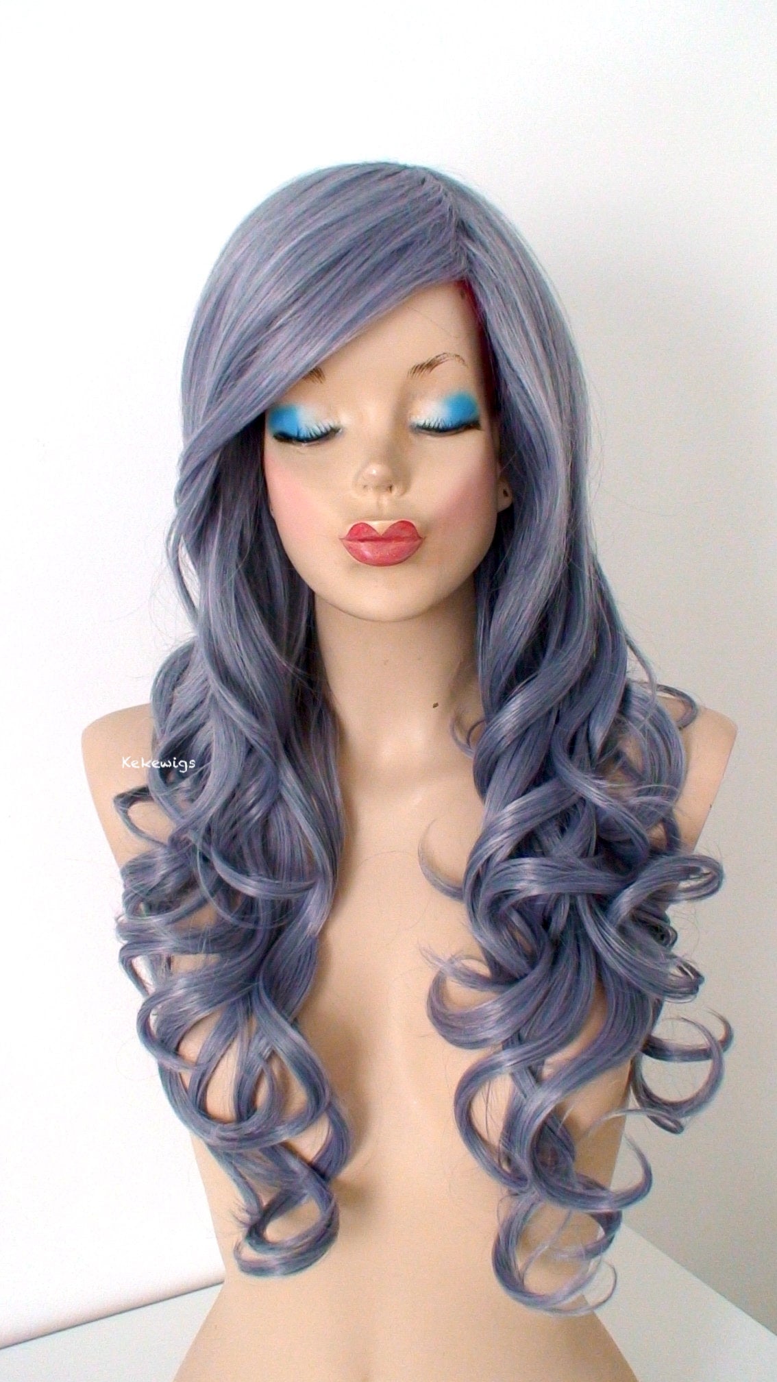 26" Blue Gray Long Curly Hair Long Side Bangs Wig.