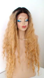 30" Lace Font Golden Blonde Dark Roots Long Wavy Hair Wig