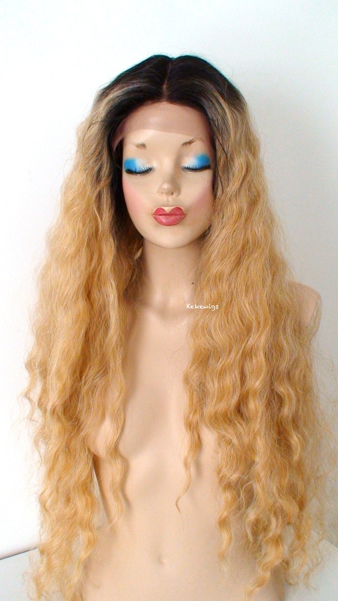 30" Lace Font Golden Blonde Dark Roots Long Wavy Hair Wig