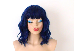 16" Black Blue Short Wavy Hair with Bangs Wig