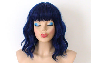 16" Black Blue Short Wavy Hair with Bangs Wig