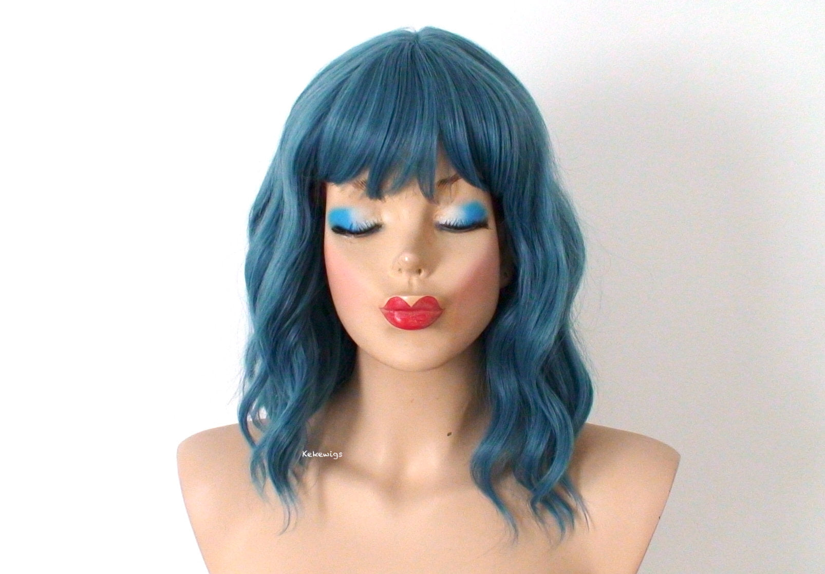 16" Pastel Dark Teal Blue Short Wavy Hairstyle with Bangs Wig