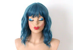 Load image into Gallery viewer, 16&quot; Pastel Dark Teal Blue Short Wavy Hairstyle with Bangs Wig
