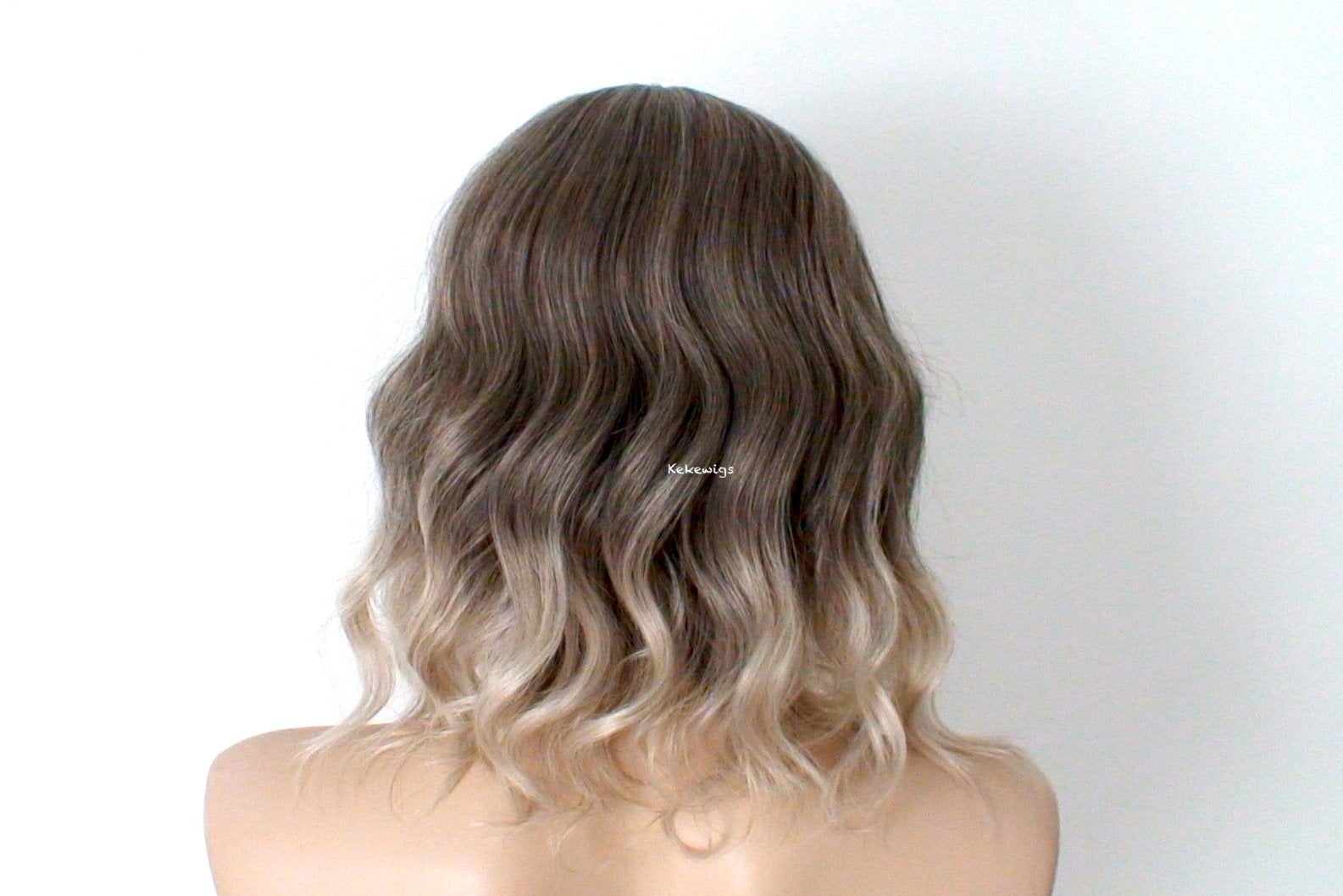 16" Brown Ash Blonde Ombre Short Wavy Hair with Bangs Wig