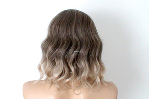 16" Brown Ash Blonde Ombre Short Wavy Hair with Bangs Wig