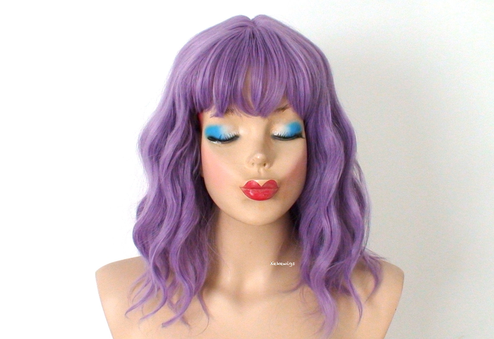 16" Lavender Short Wavy Hair with Bangs Wig