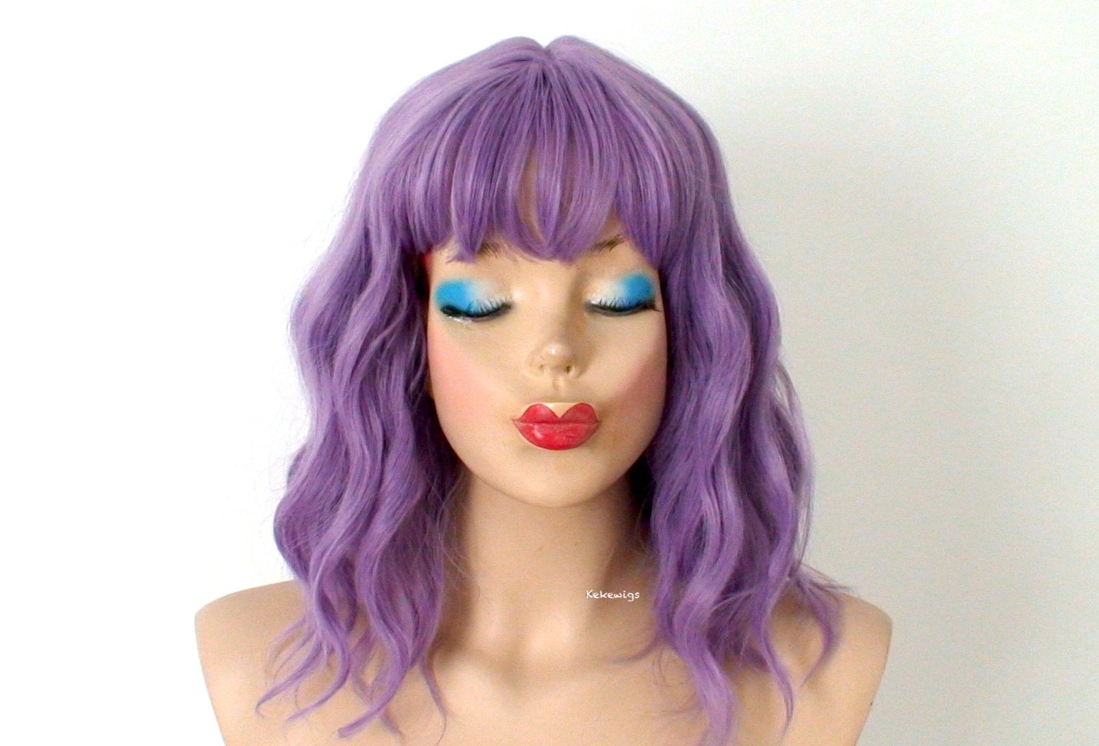 16" Lavender Short Wavy Hair with Bangs Wig