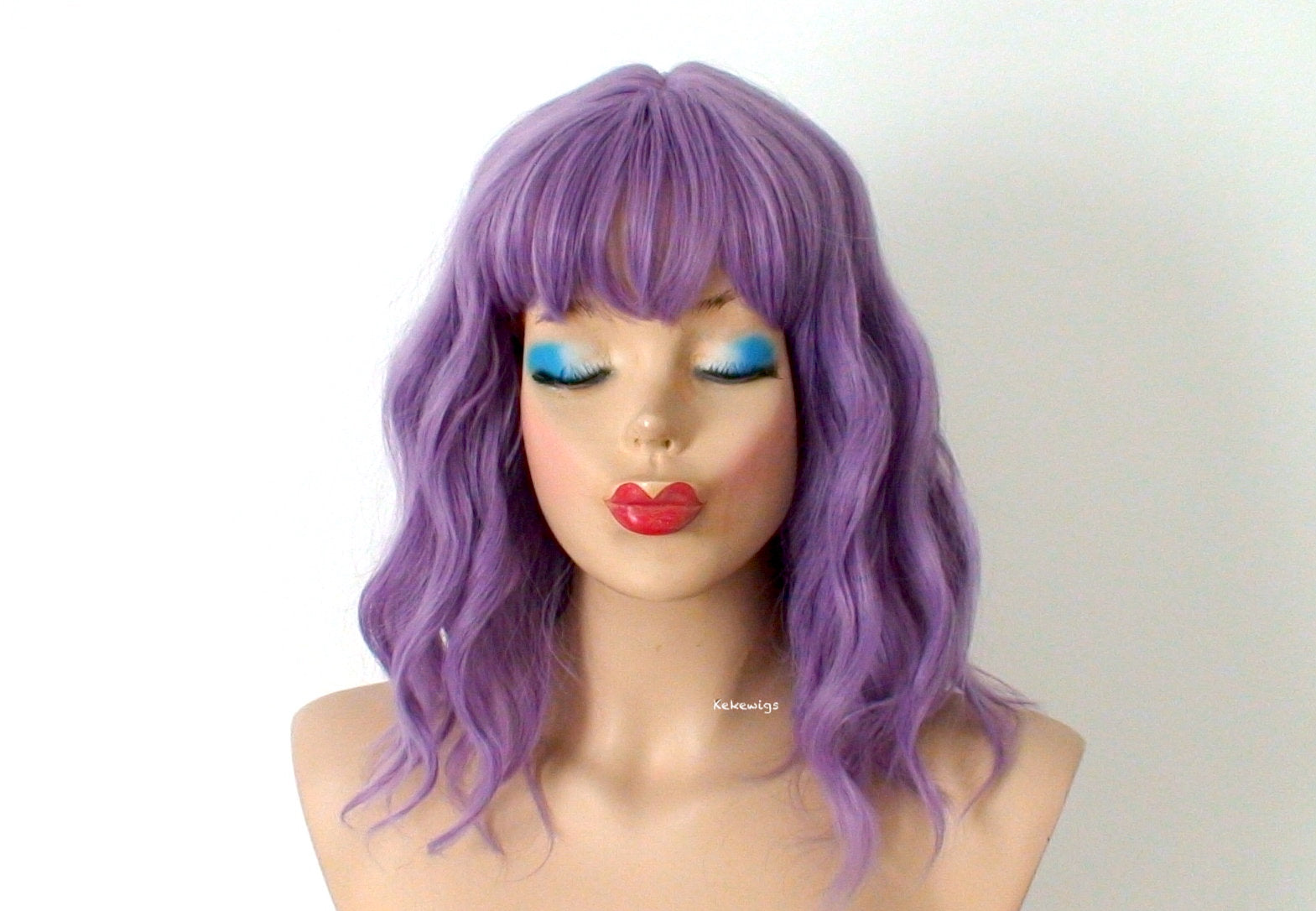 16" Lavender Short Wavy Hair with Bangs Wig