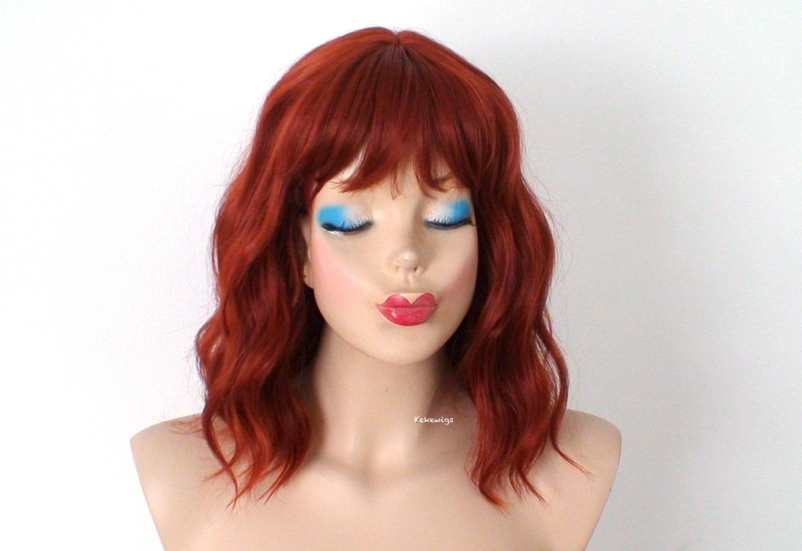 16" Copper Red Short Wavy Hair with Bangs Wig