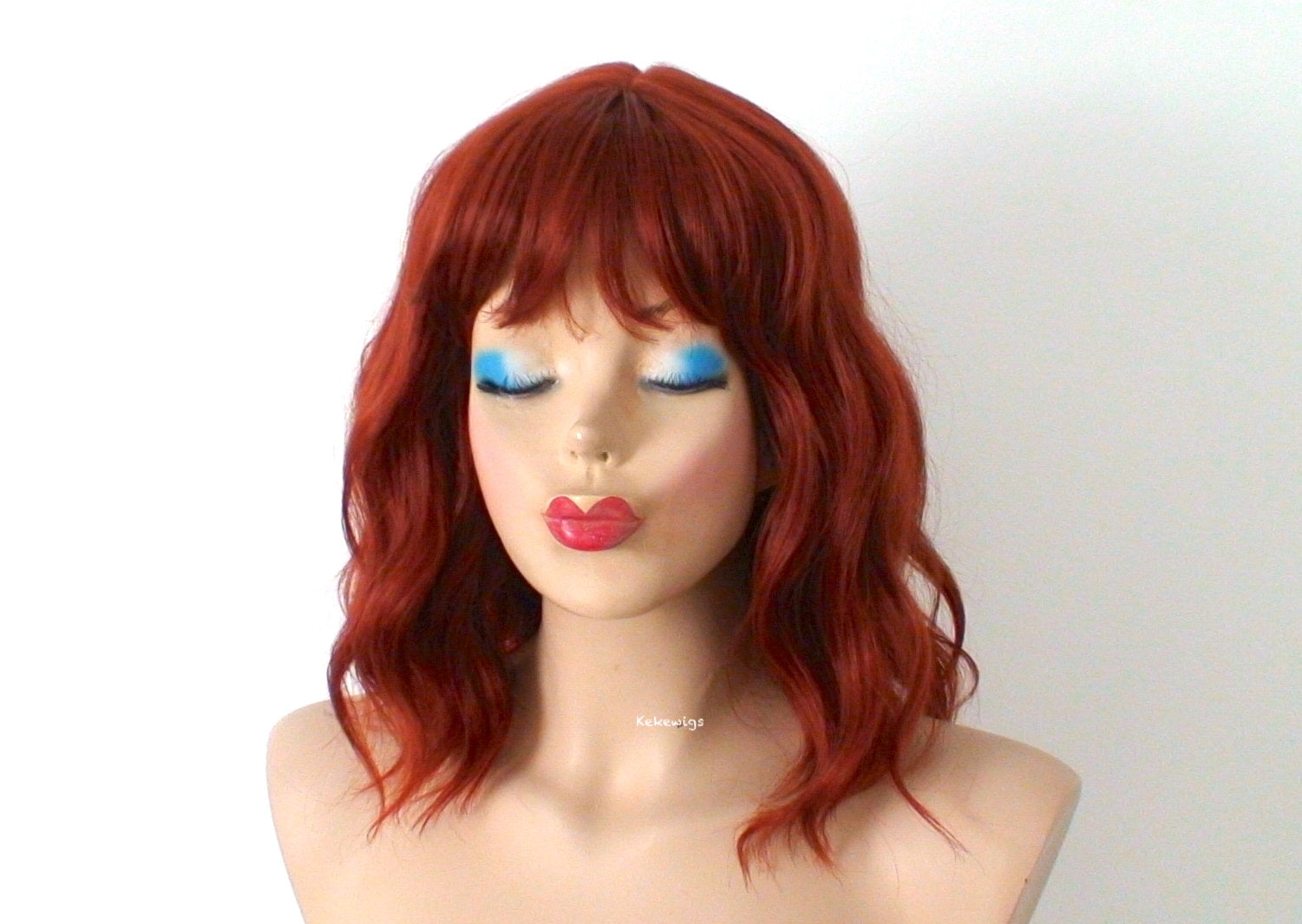 16" Copper Red Short Wavy Hair with Bangs Wig