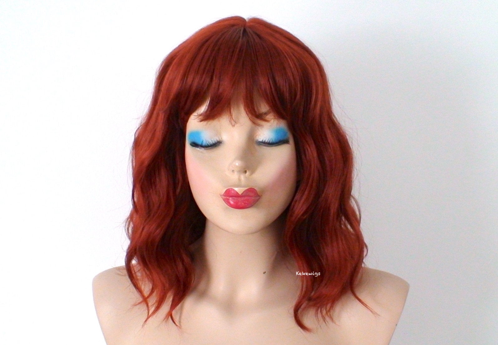 16" Copper Red Short Wavy Hair with Bangs Wig