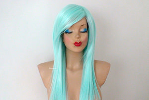 28” Pastel Aqua Blue Long Straight Hair with Long Side Bangs Wig