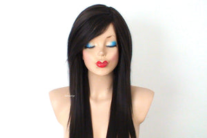 28" Chocolate Brown Long Straight Layered Hair Long Side Bangs Wig