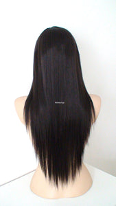 28" Chocolate Brown Long Straight Layered Hair Long Side Bangs Wig