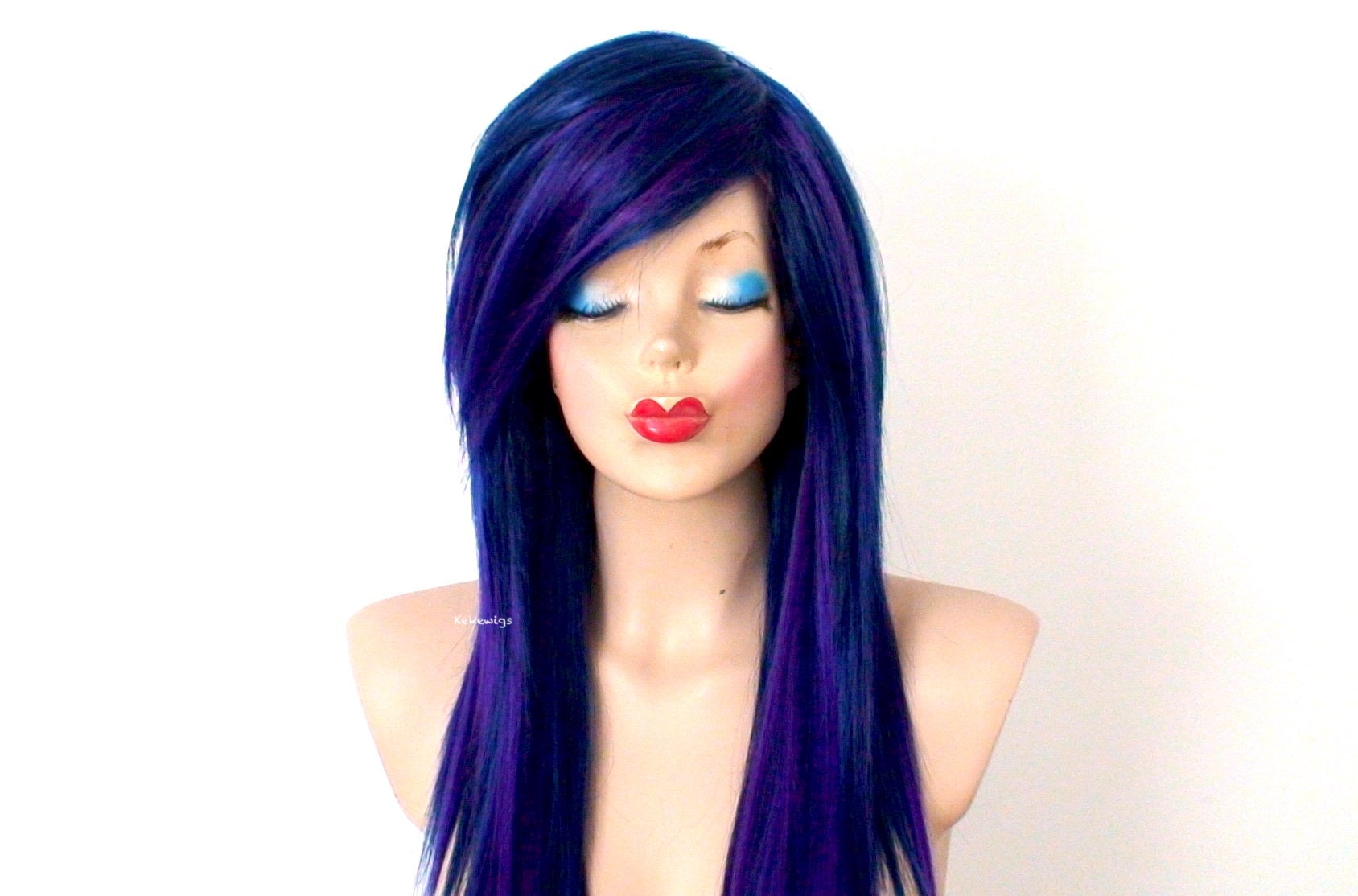 28" Navy Blue/ Deep Purple Ombre Long Straight Hair Wig. Emo Wig. Scene Wig