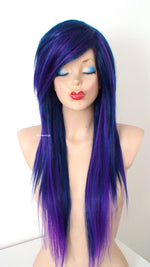 Load image into Gallery viewer, 28&quot; Navy Blue/ Deep Purple Ombre Long Straight Hair Wig. Emo Wig. Scene Wig
