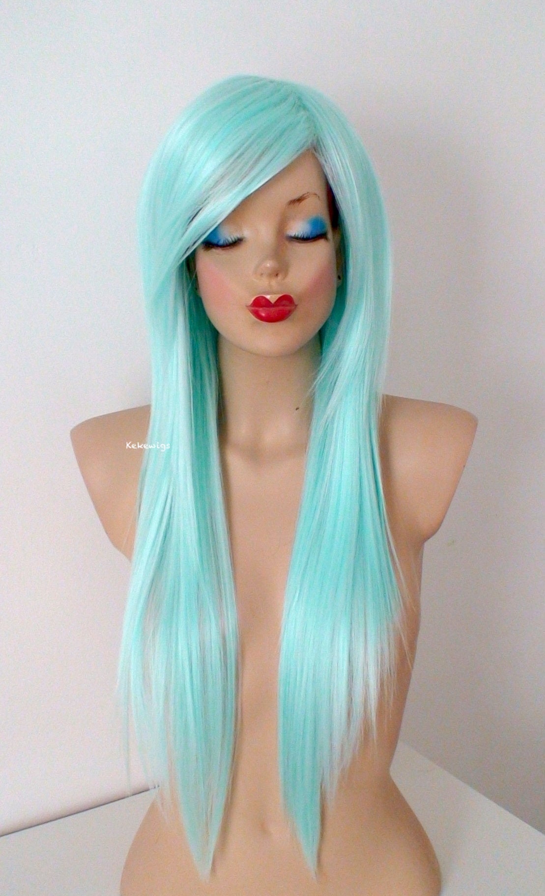 28” Pastel Aqua Blue Long Straight Hair with Long Side Bangs Wig