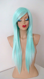 Load image into Gallery viewer, 28” Pastel Aqua Blue Long Straight Hair with Long Side Bangs Wig
