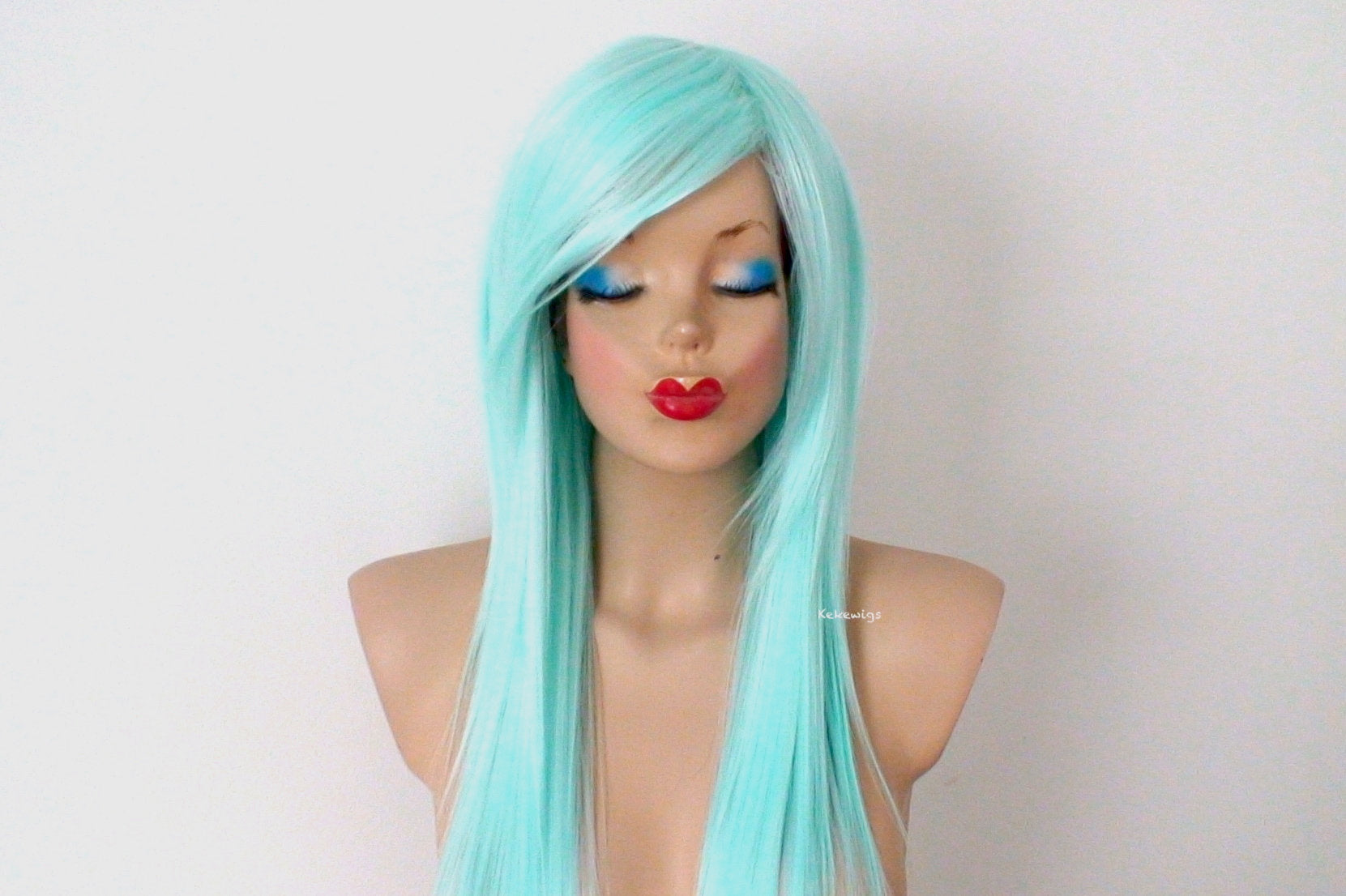 28” Pastel Aqua Blue Long Straight Hair with Long Side Bangs Wig