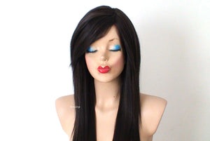 28" Chocolate Brown Long Straight Layered Hair Long Side Bangs Wig