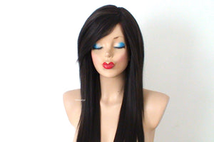 28" Chocolate Brown Long Straight Layered Hair Long Side Bangs Wig