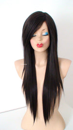 Load image into Gallery viewer, 28&quot; Chocolate Brown Long Straight Layered Hair Long Side Bangs Wig
