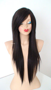 28" Chocolate Brown Long Straight Layered Hair Long Side Bangs Wig