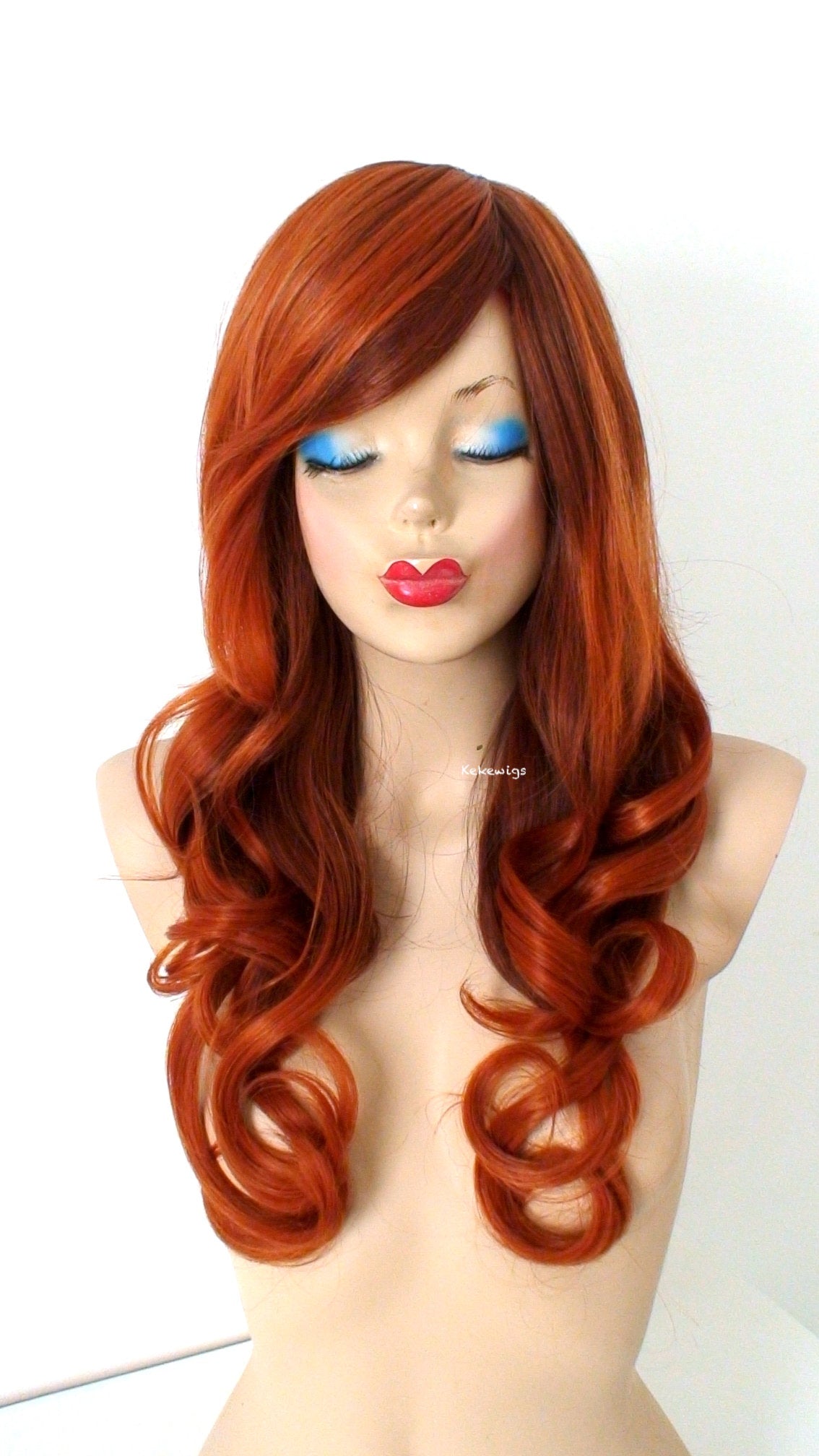 26" Copper Red Auburn Ombre Long Curly Hairstyle Side Bangs Wig