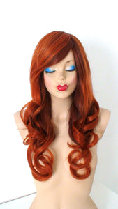 26" Copper Red Auburn Ombre Long Curly Hairstyle Side Bangs Wig