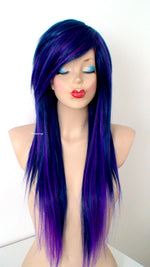 Load image into Gallery viewer, 28&quot; Navy Blue/ Deep Purple Ombre Long Straight Hair Wig. Emo Wig. Scene Wig
