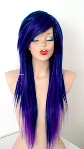 28" Navy Blue/ Deep Purple Ombre Long Straight Hair Wig. Emo Wig. Scene Wig