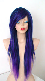 Load image into Gallery viewer, 28&quot; Navy Blue/ Deep Purple Ombre Long Straight Hair Wig. Emo Wig. Scene Wig
