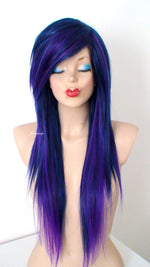 Load image into Gallery viewer, 28&quot; Navy Blue/ Deep Purple Ombre Long Straight Hair Wig. Emo Wig. Scene Wig
