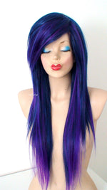 Load image into Gallery viewer, 28&quot; Navy Blue/ Deep Purple Ombre Long Straight Hair Wig. Emo Wig. Scene Wig
