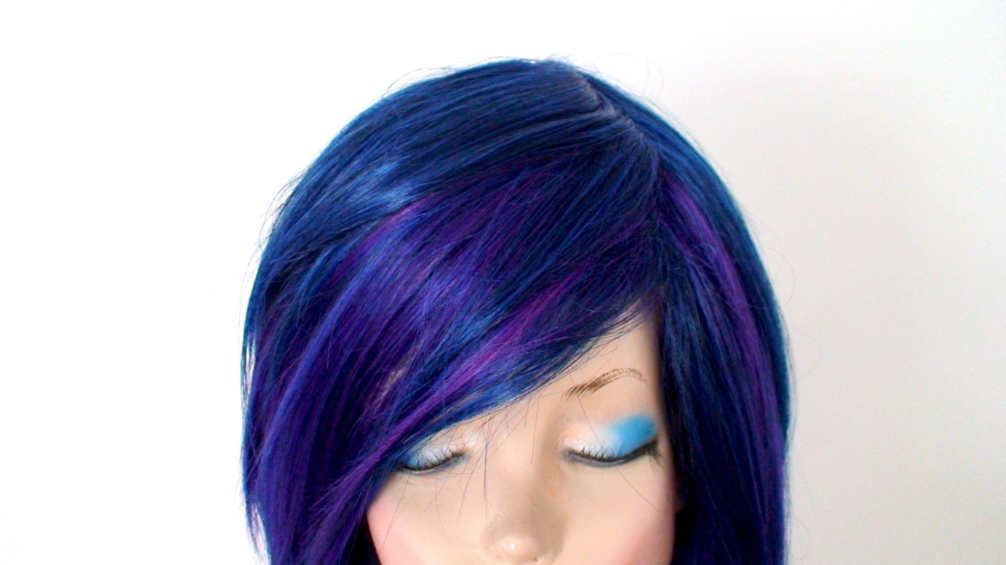 28" Navy Blue/ Deep Purple Ombre Long Straight Hair Wig. Emo Wig. Scene Wig