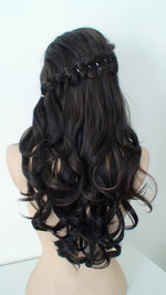 Load image into Gallery viewer, 26” Lace Front Dark Brunette Curly Hair Side Bangs Braids Wig with braided Wig.
