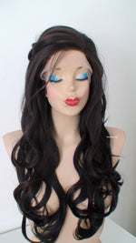 Load image into Gallery viewer, 26” Lace Front Dark Brunette Curly Hair Side Bangs Braids Wig with braided Wig.
