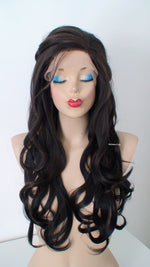 Load image into Gallery viewer, 26” Lace Front Dark Brunette Curly Hair Side Bangs Braids Wig with braided Wig.
