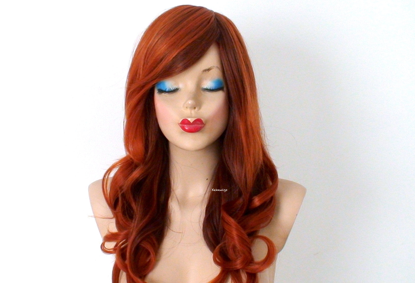 26" Copper Red Auburn Ombre Long Curly Hairstyle Side Bangs Wig