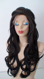 Load image into Gallery viewer, 26” Lace Front Dark Brunette Curly Hair Side Bangs Braids Wig with braided Wig.
