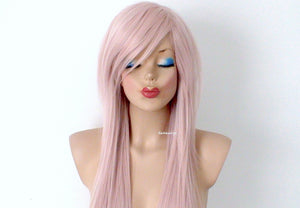 28" Antique Pink Long Straight Hair Long Side Bangs Wig. Scene Wig. Emo Wig.