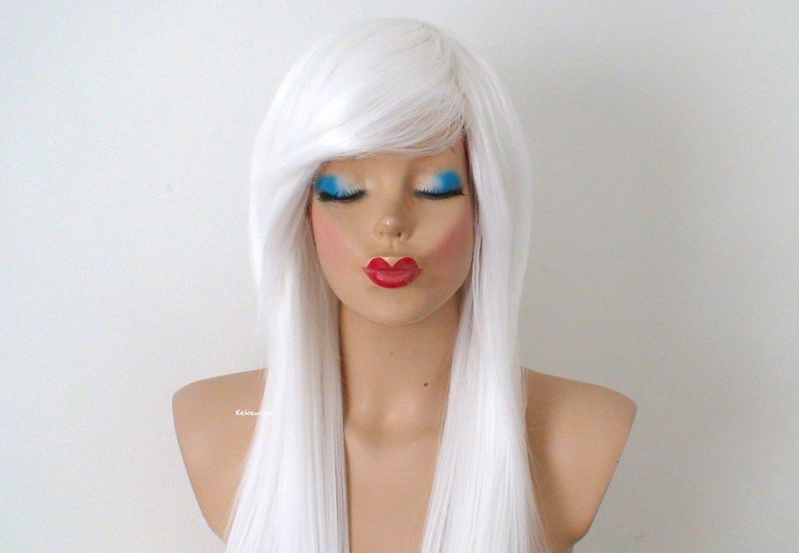 28" White Long Straight Layered Hair Long Side Bangs Wig. Scene Wig. Emo Wig.