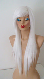 Load image into Gallery viewer, 28&quot; White Long Straight Layered Hair Long Side Bangs Wig. Scene Wig. Emo Wig.
