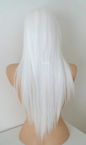 28" White Long Straight Layered Hair Long Side Bangs Wig. Scene Wig. Emo Wig.