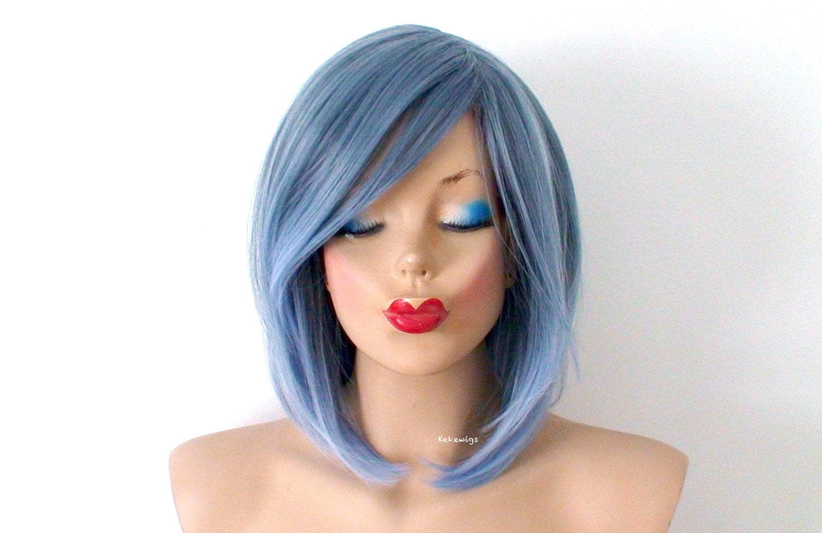 16" Pastel Blue Ombre Short Straight Hair with Side Bangs Wig