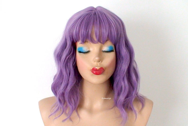 16" Lavender Short Wavy Hair with Bangs Wig