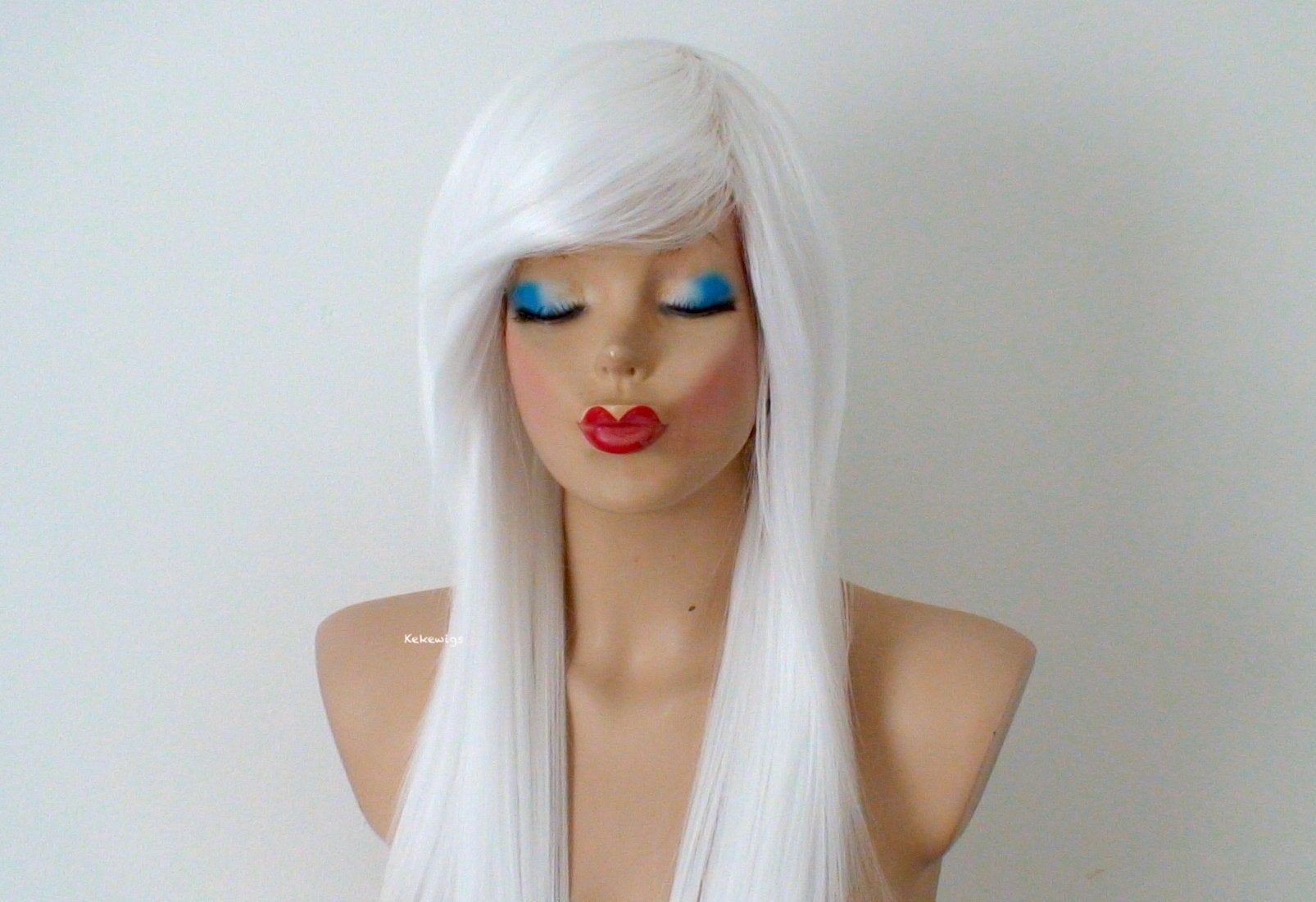 28" White Long Straight Layered Hair Long Side Bangs Wig. Scene Wig. Emo Wig.