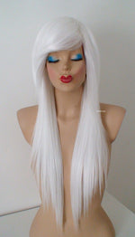 Load image into Gallery viewer, 28&quot; White Long Straight Layered Hair Long Side Bangs Wig. Scene Wig. Emo Wig.
